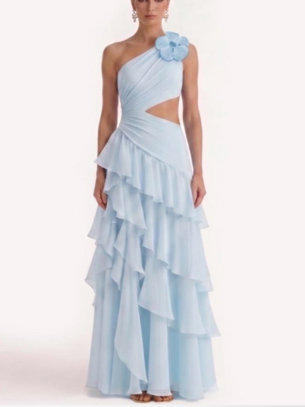 One-Shoulder Light Blue Ruffled Evening Dress